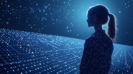 Poster - Futuristic digital landscape with a person silhouetted against a solar panel. The scene evokes technology and connectivity. Abstract Digital low-poly wireframe connected dots in dark blue.
