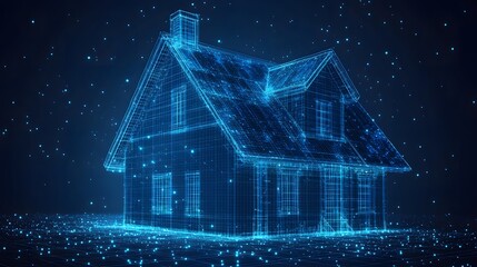 Poster - Futuristic home rendered in blue wireframe on a dark blue starlit backdrop. Represents technological advancement in housing design. Abstract Digital low-poly wireframe connected dots in dark blue
