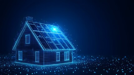 Poster - Futuristic blue wireframe house with solar panels, radiating innovation. A digitally constructed home for a modern, sustainable future. Abstract Digital low-poly wireframe connected dots in dark blue.