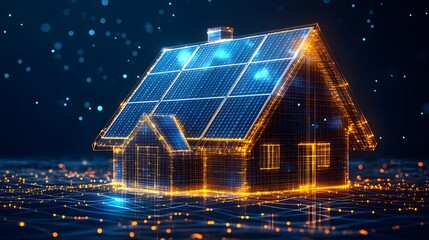 Poster - Futuristic house with solar panels and glowing grid, symbolizing sustainable living and technological advancement. Abstract Digital low-poly wireframe connected dots in dark blue.