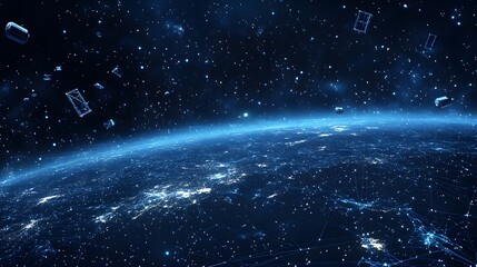 Poster - A stylized view of Earth from space, dotted with city lights. Satellites and space debris orbit above, set against a starfield. Abstract Digital low-poly wireframe connected dots in dark blue