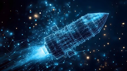 Fototapete - Futuristic digital rocket takes flight amid a bokeh galaxy. Light speed! Abstract Digital low-poly wireframe connected dots in dark blue.