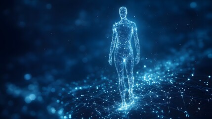 Leinwandbilder - Digital human walking. A futuristic representation of connectivity and progress. Abstract Digital low-poly wireframe connected dots in dark blue