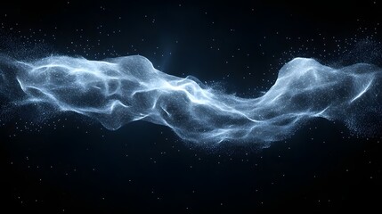 Poster - Ethereal digital cloud of interconnected particles on a dark background. A dynamic and mesmerizing rendering of energy or a cosmic nebula. Abstract Digital low-poly wireframe connected dots