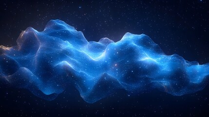 Poster - Blue, net-like structure with interconnected points against a cosmic background of bright stars. Abstract Digital low-poly wireframe connected dots in dark blue.