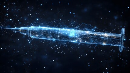 Aufkleber - Futuristic syringe design against a dark, starry backdrop. Evokes innovation and advanced medical technology. Abstract Digital low-poly wireframe connected dots in dark blue