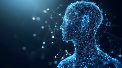 Leinwandbilder - Futuristic glowing blue digital human. Represents AI, neural networks, or digital identity. Abstract Digital low-poly wireframe connected dots in dark blue