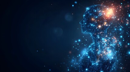 Fototapete - Futuristic digital human form with glowing nodes signifies connectivity and AI. Abstract Digital low-poly wireframe connected dots in dark blue