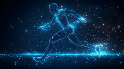 Poster - Dynamic digital art showcasing a wireframe runner surging forward. Abstract Digital low-poly wireframe connected dots in dark blue.