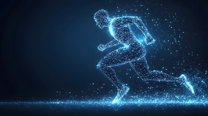 Aufkleber - Neon runner bursts from darkness! A digital athlete sprints, energy visualized in glowing blue lines. Abstract Digital low-poly wireframe connected dots in dark blue.