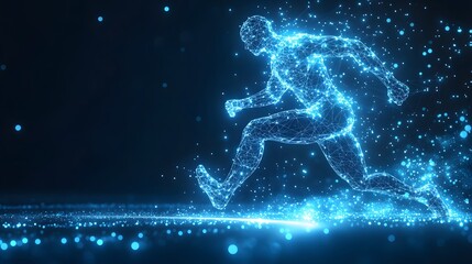 Leinwandbilder - Dynamic runner visualized as a glowing blue network of lines and points, streaking across a dark backdrop. Abstract Digital low-poly wireframe connected dots in dark blue.