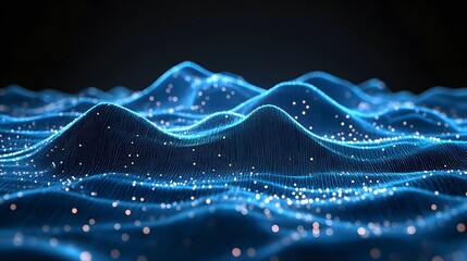 Aufkleber - Futuristic digital landscape with wavy, blue, undulating terrain and glowing particles against a dark backdrop, conveying data, technology, or virtual environments. Abstract Digital low-poly wireframe