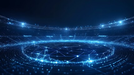 Aufkleber - Futuristic blue stadium with glowing lines, embodying technology and innovation. Possibly a virtual reality environment. Abstract Digital low-poly wireframe connected dots in dark blue.