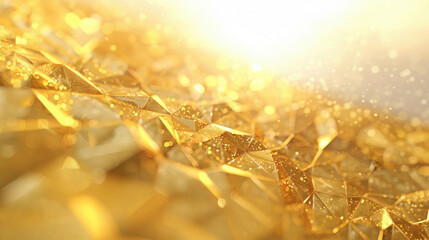 Poster - An abstract golden surface with shimmering geometric shapes illuminated by bright light, creating a festive and luxurious atmosphere.