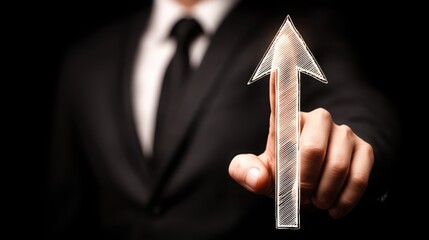 Poster - A business professional in a suit holding a paper arrow indicating growth in corporate finance kpi tracking interface concept