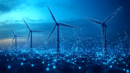 Aufkleber - Futuristic wind turbines stand silhouetted against a gradient sky, linked by glowing blue lines, symbolizing clean energy. Abstract Digital low-poly wireframe connected dots in dark blue.