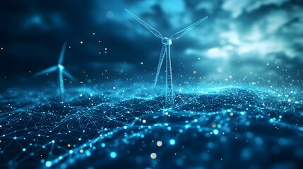 Aufkleber - Futuristic blue scene with wireframe wind turbines and interconnected dots. A modern, technological representation of clean energy and connectivity. Abstract Digital low-poly wireframe connected