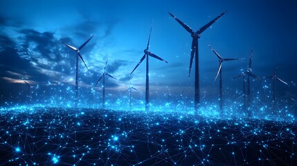 Aufkleber - Futuristic wind turbines harness clean energy with advanced digital grid. Sustainable power meets modern technology. Abstract Digital low-poly wireframe connected dots in dark blue