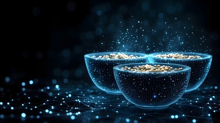 Poster - Wireframe bowls hold golden grains, bathed in a digital glow. A modern still life with an ethereal technological edge. Abstract Digital low-poly wireframe connected dots in dark blue.