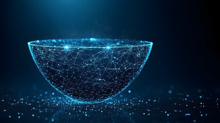 Leinwandbilder - Futuristic digital bowl, glowing blue network of connected lines and nodes against a dark gradient background, an engaging technology-themed visual. Abstract Digital low-poly wireframe connected dots