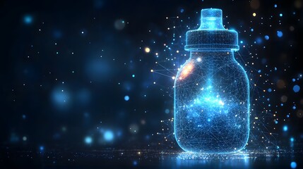 Leinwandbilder - Futuristic glowing bottle concept. A digitally rendered design of interconnected lines and points, radiating a technological aesthetic. Abstract Digital low-poly wireframe connected dots in dark blue