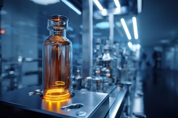 Leinwandbilder - Glowing Medicine Bottle in a Modern Sterile Laboratory Environment With Advanced Technology Generative AI