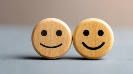 Poster - Two wooden smiley faces positioned together representing emotional de-risking and psychological protection concepts