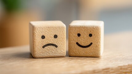 Poster - Two wooden blocks featuring a smiley face symbolizing emotional de-risking and psychological protection in a creative way