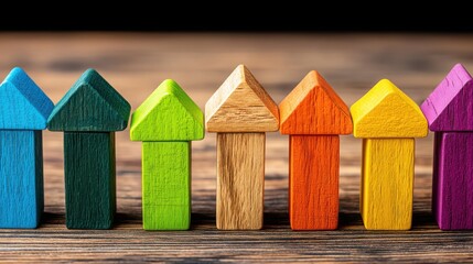 Poster - Row of colorful wooden fences depicting equity market sector rotation chart concepts for capital investments