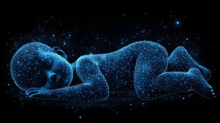 Aufkleber - A sleeping figure formed by glowing blue wireframe, floating peacefully in a dark void filled with starlight. Abstract Digital low-poly wireframe connected dots in dark blue.