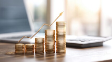 Poster - Stacks of coins displayed with a laptop in the background representing financial growth and increasing monetary assets