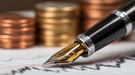 Poster - Pen resting on a stack of coins symbolizing financial instruments and monetary tools for investment and planning