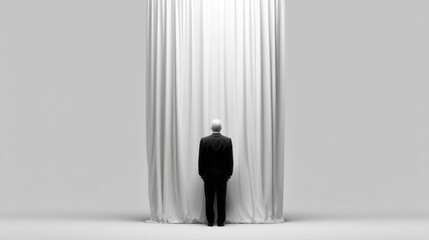 Poster - A man standing behind a curtain symbolizing the lifting of financial veils to reveal true value and real wealth