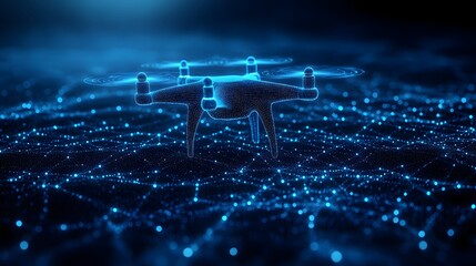 Poster - futuristic drone hovers, bathed in ethereal blue light. dots connect, forming a stunning visual. abs