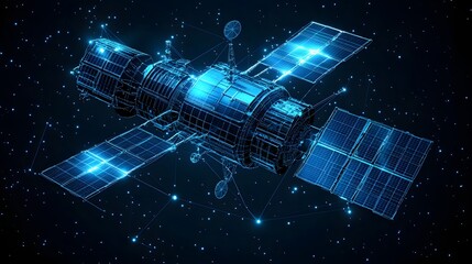Poster - Detailed digital rendering of a wireframe satellite in space, bathed in a blue glow against a backdrop of twinkling stars. Cylindrical sections and solar panels define its form. Abstract Digital