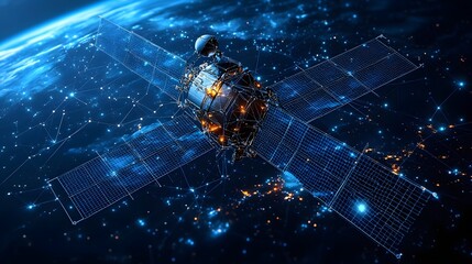 Aufkleber - Satellite orbits Earth, solar panels deployed, city lights glow. Captivating space scene. Abstract Digital low-poly wireframe connected dots in dark blue.
