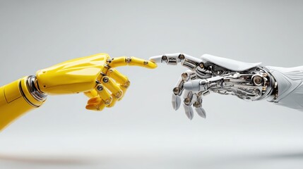 Poster - Human hand touching robotic hand symbolizing collaboration and future wealth in artificial intelligence economies