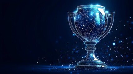 Leinwandbilder - Futuristic, glowing trophy radiating digital energy. A symbol of achievement rendered in a stunning, ethereal blue light. Abstract Digital low-poly wireframe connected dots in dark blue