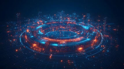 Leinwandbilder - Futuristic digital cityscape with glowing concentric rings and interconnected lines, conveying advanced technology. Abstract Digital low-poly wireframe connected dots in dark blue.
