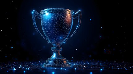 Leinwandbilder - Futuristic digital trophy shimmering with interconnected lines on a networked surface. Achievement meets technology. Abstract Digital low-poly wireframe connected dots in dark blue