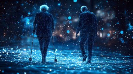 Leinwandbilder - Elderly figures stroll through a glowing, digital landscape. Wireframe forms suggest a futuristic world of interconnectedness. Abstract Digital low-poly wireframe connected dots in dark blue