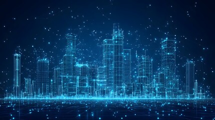 Aufkleber - Futuristic cityscape aglow! Blue wireframe buildings rise against a dark blue canvas, interconnected by a digital network. Abstract Digital low-poly wireframe connected dots in dark blue.