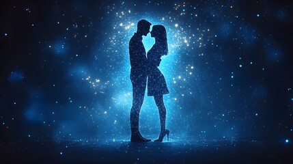 Leinwandbilder - A digital embrace in the night sky. Interconnected figures suggest a romantic connection. Ethereal and modern, perfect for themes of love and technology. Abstract Digital low-poly wireframe connected