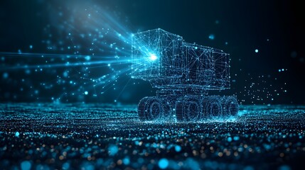 Aufkleber - Futuristic semi-truck rendered in glowing blue wireframe. A powerful symbol of digital logistics, modern transportation, and innovative technology. Abstract Digital low-poly wireframe connected dots