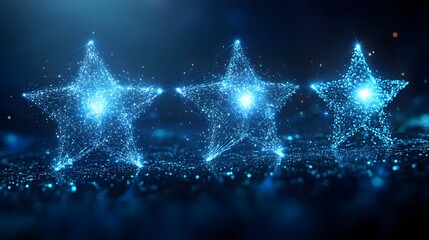 Leinwandbilder - Three digital stars glow against deep blue, networks of light suggesting advanced tech. Celestial beauty meets modern abstraction. Abstract Digital low-poly wireframe connected dots in dark blue.