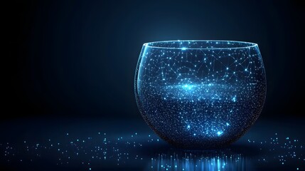 Leinwandbilder - Intricate network of interconnected blue dots and lines within a transparent bowl on a reflective surface. Abstract Digital low-poly wireframe connected dots in dark blue