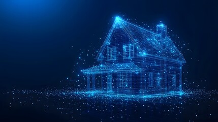 Aufkleber - Futuristic home concept. A glowing blue wireframe house with a network of connected dots, set against a gradient background. Abstract Digital low-poly wireframe connected dots in dark blue.
