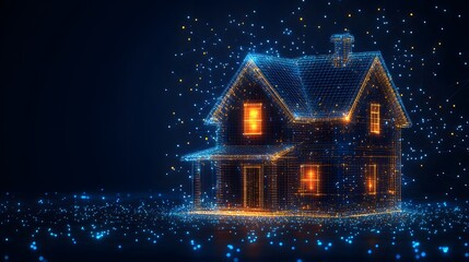 Leinwandbilder - A digitally rendered smart home, depicted as a glowing blue and orange wireframe model, symbolizing connectivity and modern technology. Abstract Digital low-poly wireframe connected dots in dark blue.
