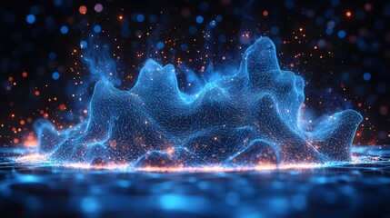 Fototapete - Futuristic digital landscape with glowing orange particles flowing from a luminous blue network. Represents technology, data visualization, and digital innovation. Abstract Digital low-poly