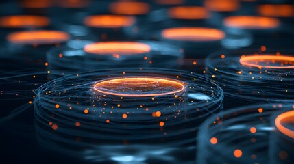 Leinwandbilder - Abstract tech art. Orange rings emit light, surrounded by blue lines and dots, suggesting a complex system. Abstract Digital low-poly wireframe connected dots in dark blue